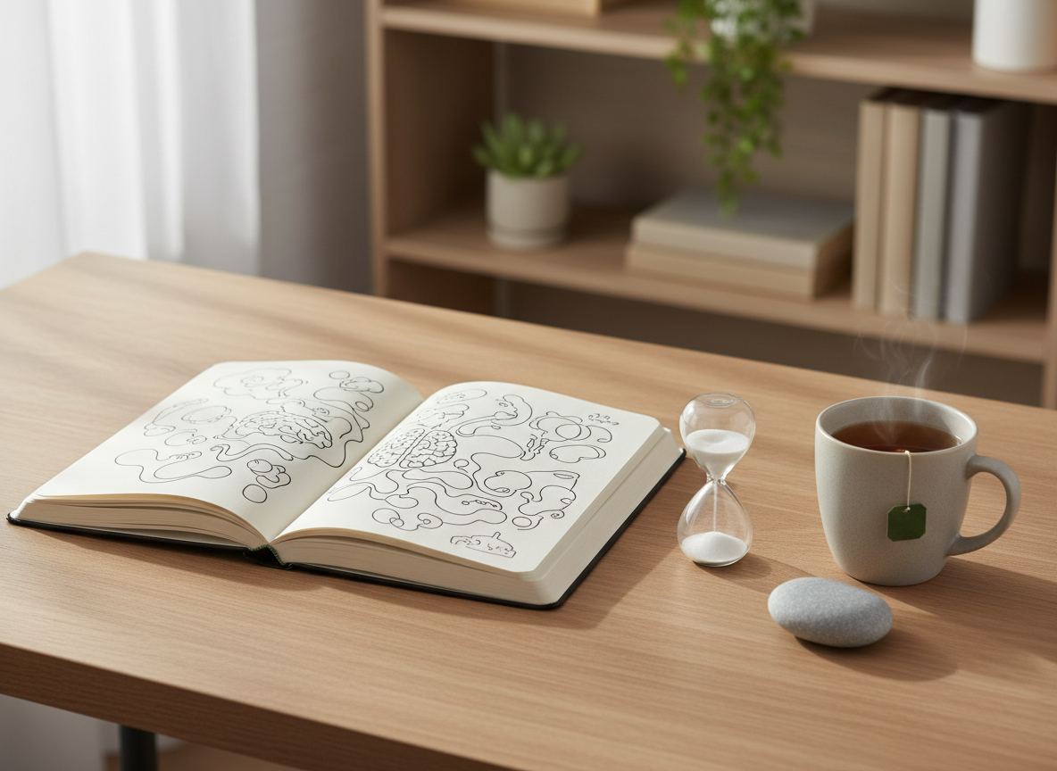 A neatly arranged wooden desk in a calm, minimalist office, topped with an open, cream-colored journal filled with gentle abstract line drawings of a human brain and branching paths, symbolizing thoughts and emotions. A smooth, grey river-stone rests beside it, along with a small sand timer and a ceramic cup of herbal tea. Soft, diffused morning light enters from an unseen window, creating gentle highlights on the paper and subtle shadows along the desk’s grain. The background is softly blurred, showing neutral-toned shelves with a few plants and books. Photographic realism, eye-level composition, shallow depth of field, and a serene, professional atmosphere that conveys mental clarity and inner balance.