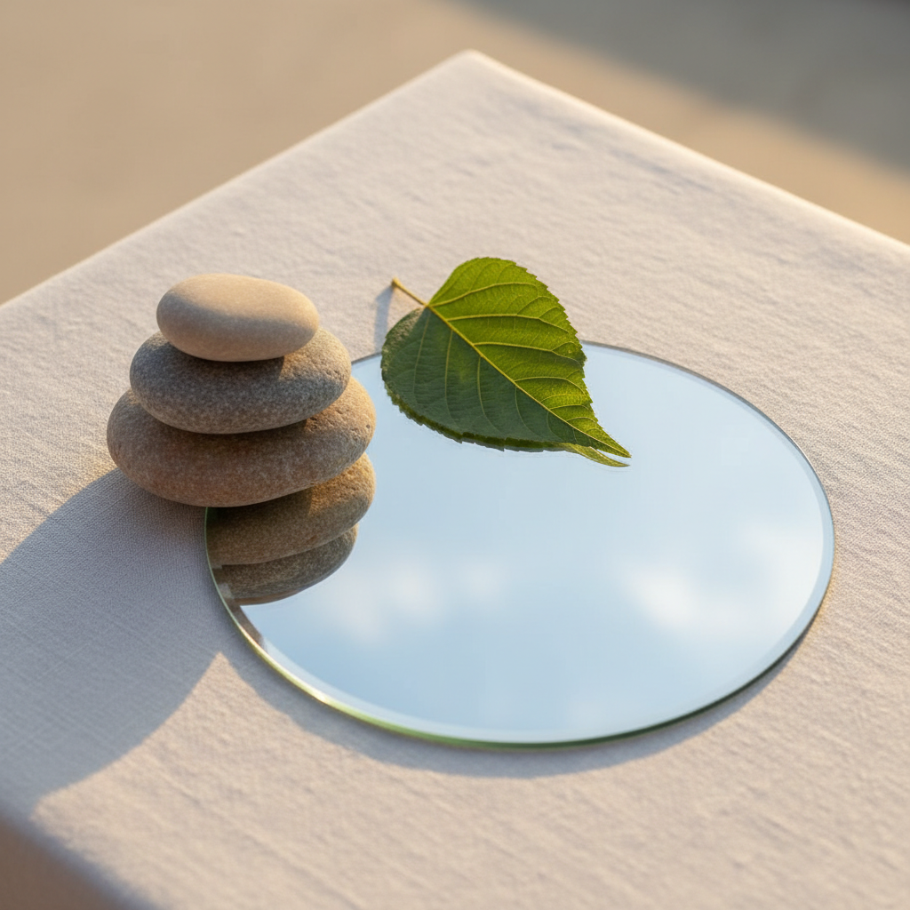 An elegant arrangement of polished natural elements on a white linen surface: a perfectly round mirror reflecting a clear, pale-blue sky, a cluster of smooth river stones balanced in a careful stack, and a single green leaf resting nearby, its veins sharply detailed. The mirror symbolizes inner reflection, while the stones and leaf suggest grounding and growth. Soft golden-hour light falls from the right, creating elongated, gentle shadows and warm highlights along the stones’ surfaces. The background fades into a light, creamy blur. Photographic realism, top-down perspective with a clean, modern, almost meditative composition that communicates inner balance and mindful self-awareness.
