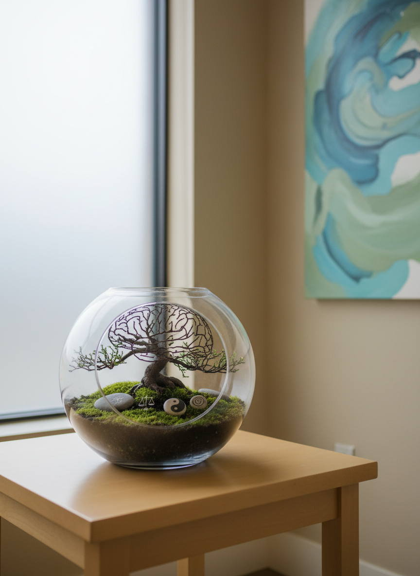 A tranquil corner of a therapy office with a low, light-wood side table holding a glass terrarium filled with rich soil, green moss, and a small bonsai tree shaped like a branching mind. Around the base lie smooth pebbles engraved with subtle symbols of balance and harmony. Behind it, a large frosted window lets in soft, overcast daylight that wraps the space in a gentle glow, casting faint, diffuse shadows. The walls are warm beige with a single abstract painting in calming blues and greens. Photographic realism, shot at a slight angle with the table in the foreground and the room softly blurred, creating a grounded, introspective mood.