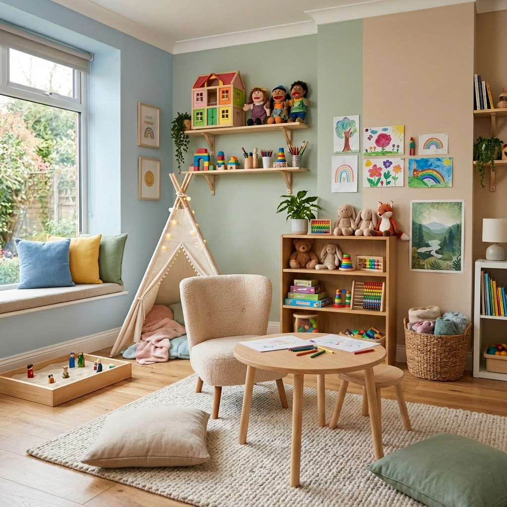 Woman and child drawing at a small table in a bright, organized playroom with toys and wall art