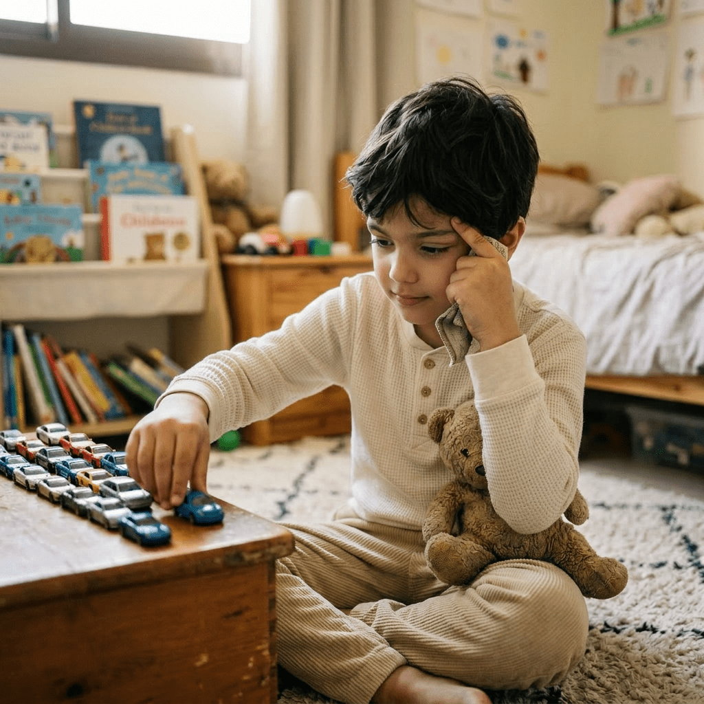 Young boy sitting on floor arranging toy cars on a wooden table