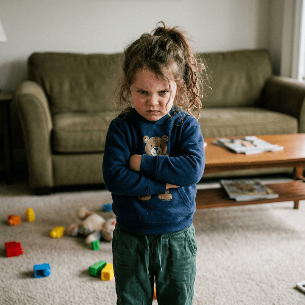 Child with arms crossed and angry expression in living room with toys scattered on the carpet