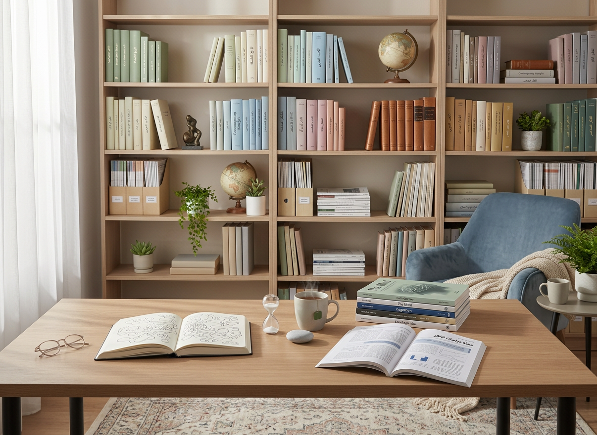 Wooden table with books, cup, and hourglass in front of bookshelf and blue armchair