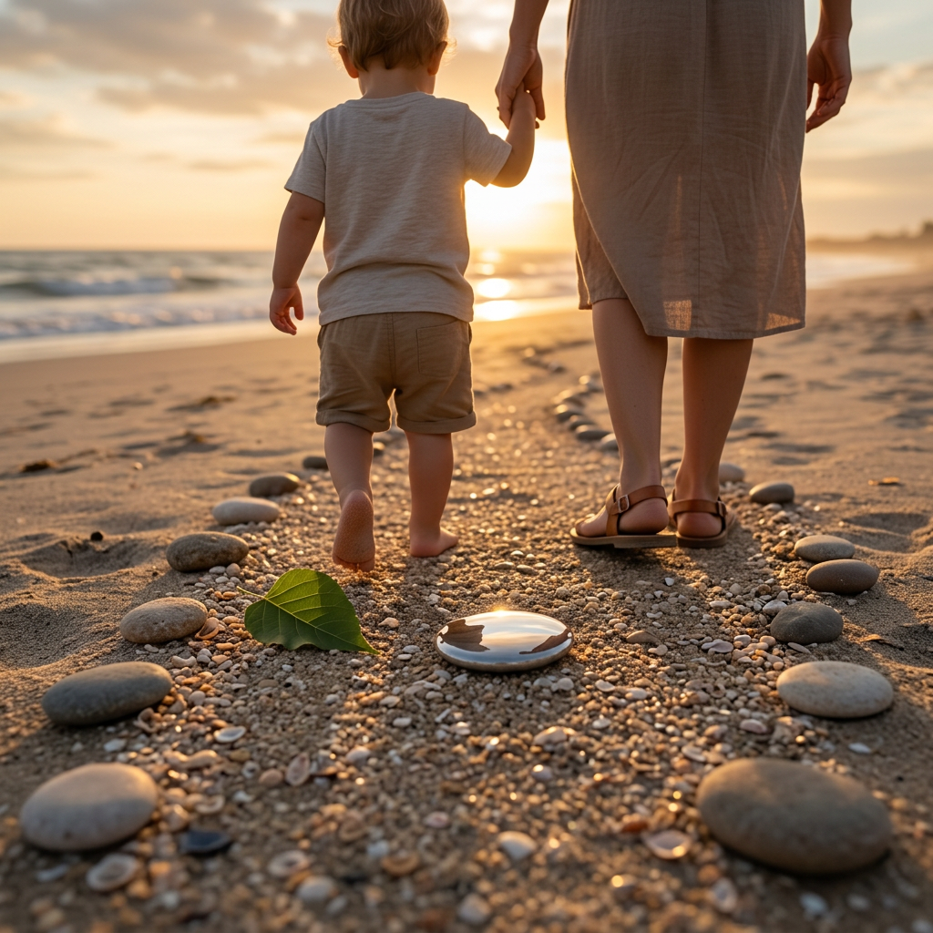 الصحة النفسية An elegant arrangement of polished natural elements on a white linen surface: a perfectly round mirror reflecting a clear, pale-blue sky, a cluster of smooth river stones balanced in a careful stack, and a single green leaf resting nearby, its veins sharply detailed. The mirror symbolizes inner reflection, while the stones and leaf suggest grounding and growth. Soft golden-hour light falls from the right, creating elongated, gentle shadows and warm highlights along the stones’ surfaces. The background fades into a light, creamy blur. Photographic realism, top-down perspective with a clean, modern, almost meditative composition that communicates inner balance and mindful self-awareness.