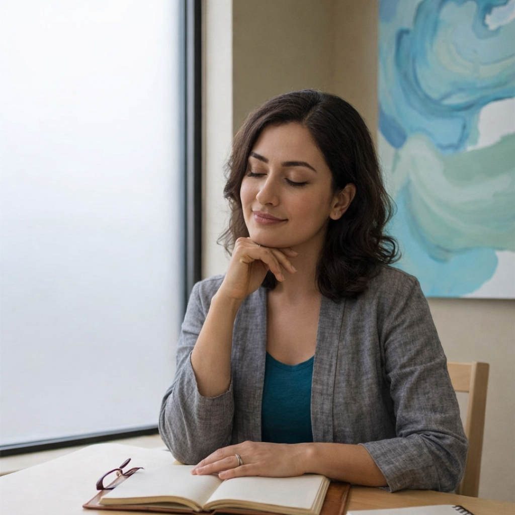 Woman practicing mindfulness with journal Woman sitting at table with open journal and eyes closed in thoughtful reflection
